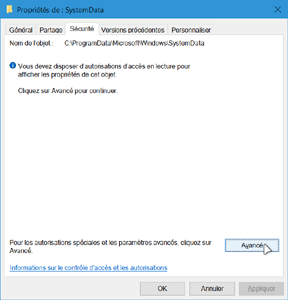 Propriétés de SystemData cliquer sur avancé