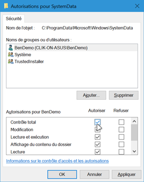 Autorisations pour SystemData